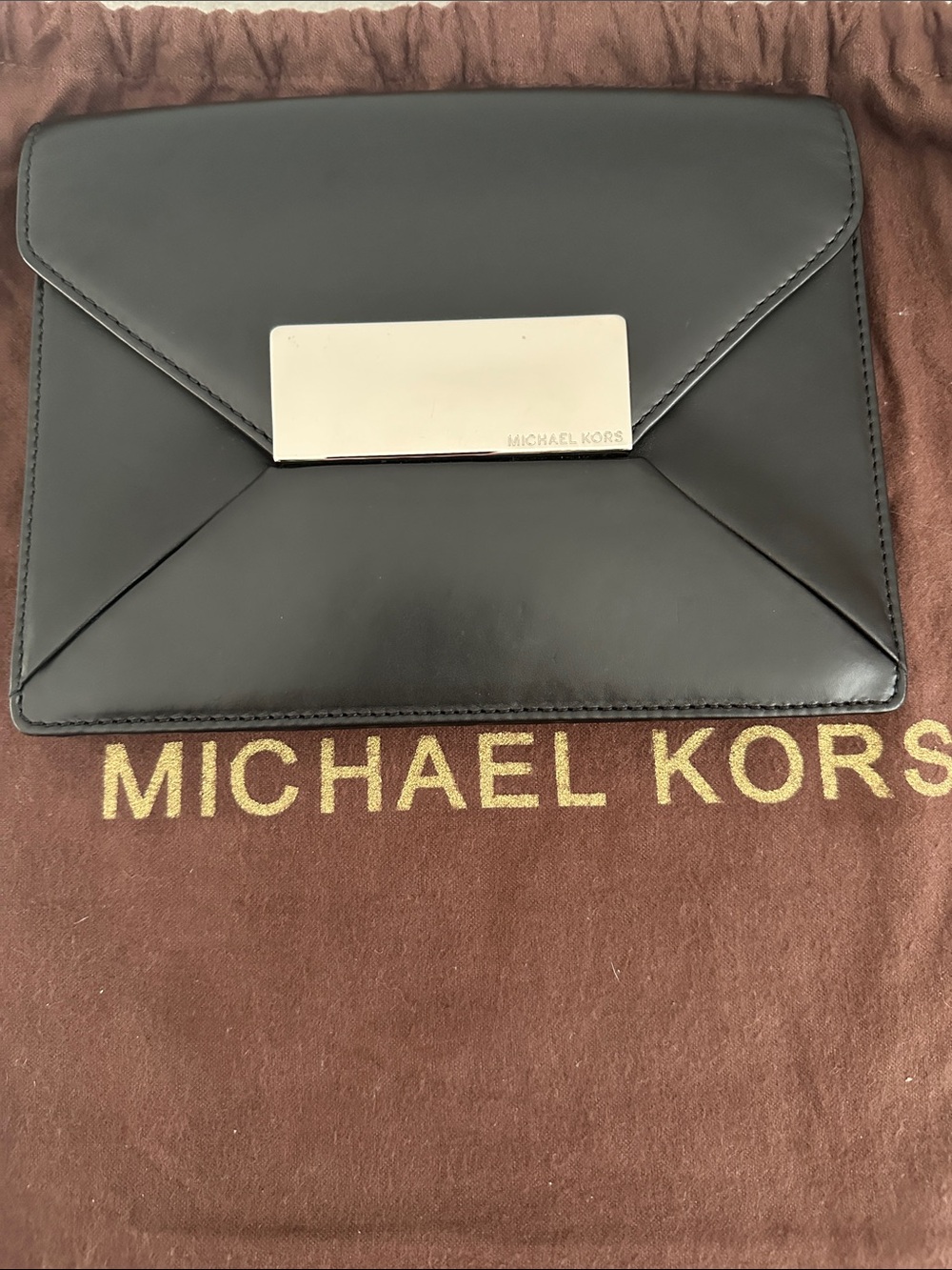 Michael Kors Black Leather Envelope Clutch with Silver Plaque
